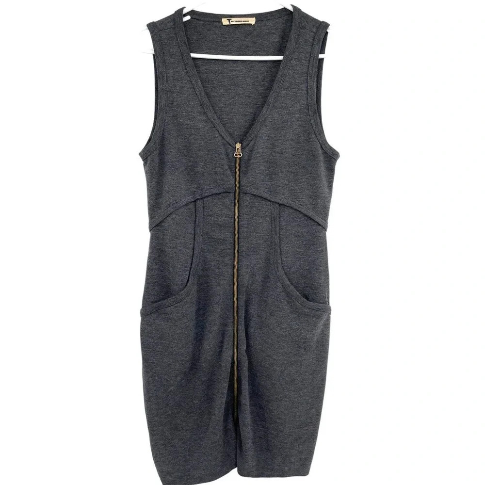 T by Alexander Wang Women's Gray Sleeveless Ponte Zipper Tank Mini Dress Pockets